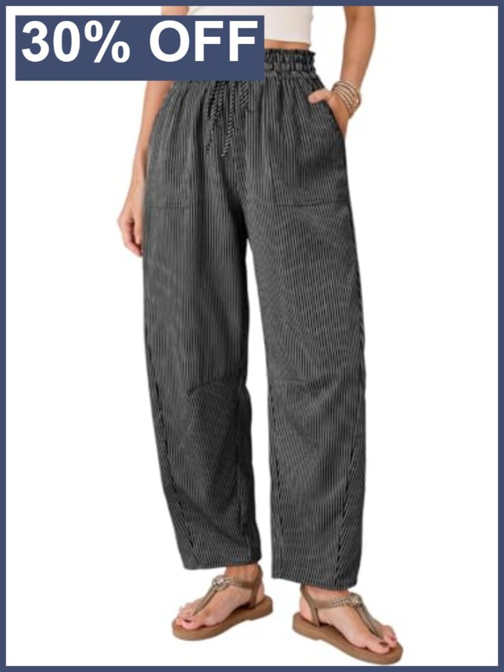 Barrel Striped Casual Pants Wide Leg High Rise with Pockets